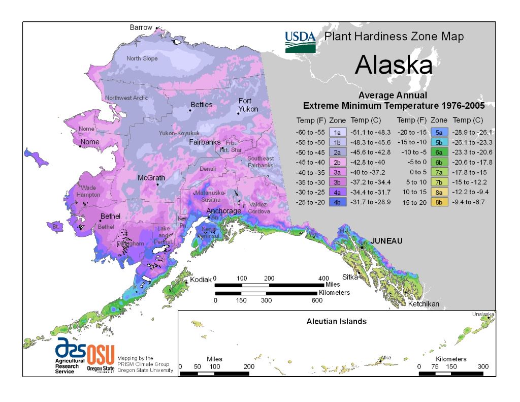 Plant Hardiness Zone Map of Alaska (USDA)