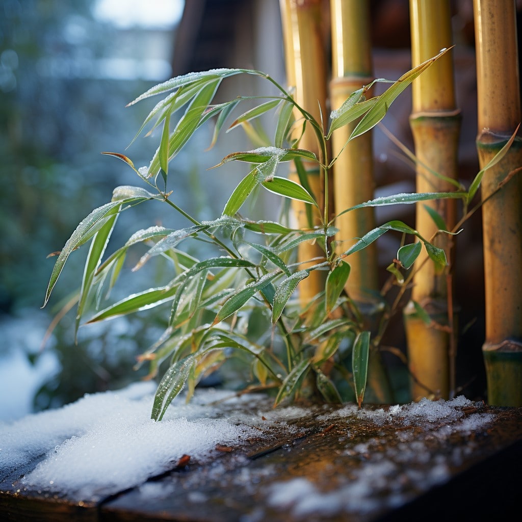 Small bamboo plant with snowy surroundings