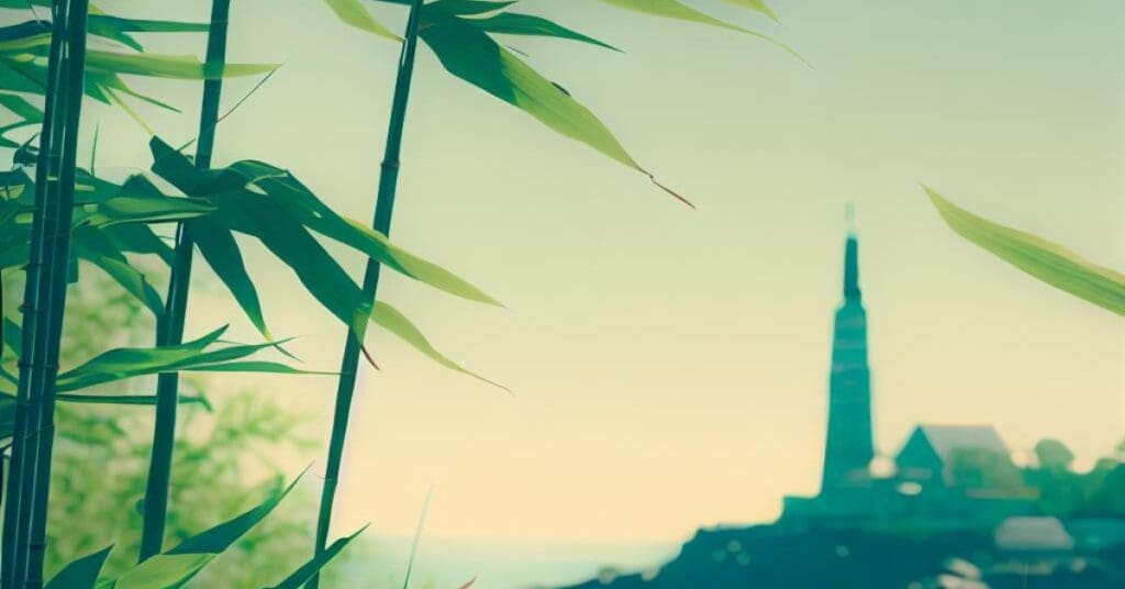 Lush bamboo growing with prominent Maine landmark-in-the-background in minimalist style