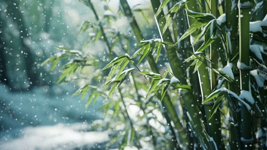 snow falling on bamboo plants