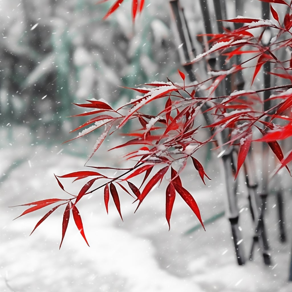 red bamboo foliage, snow