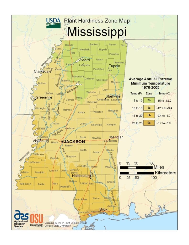 Plant Hardiness Zone Map - Mississippi