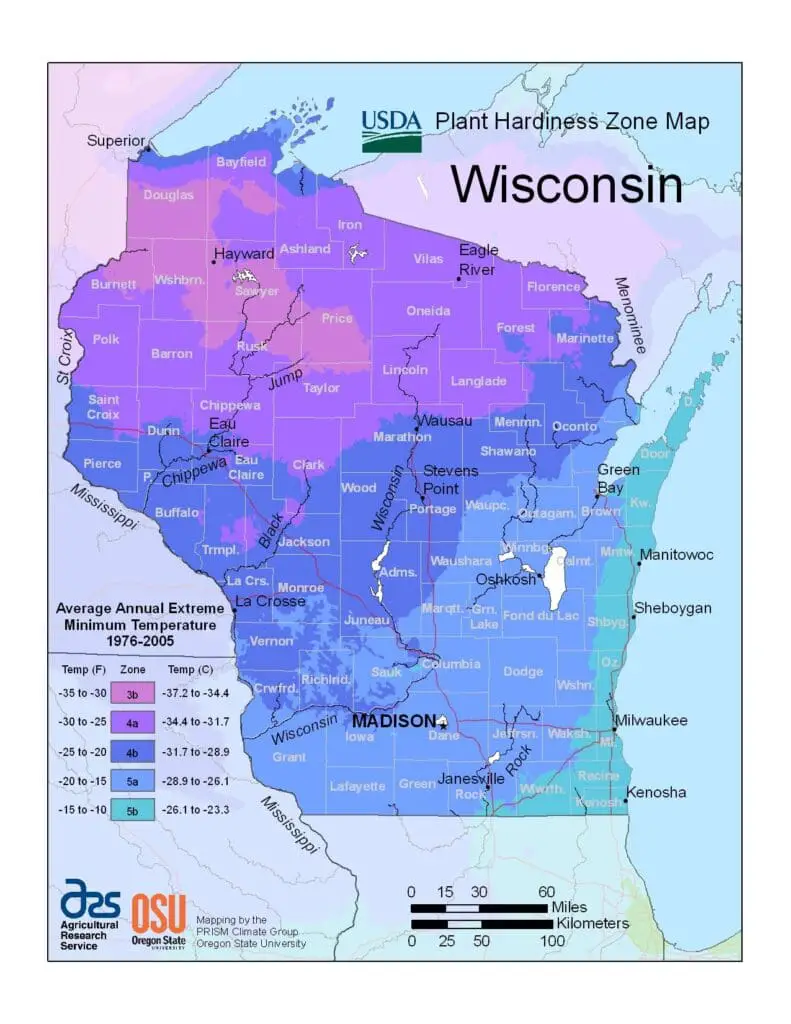 Plant Hardiness Zone Map - Wisconsin