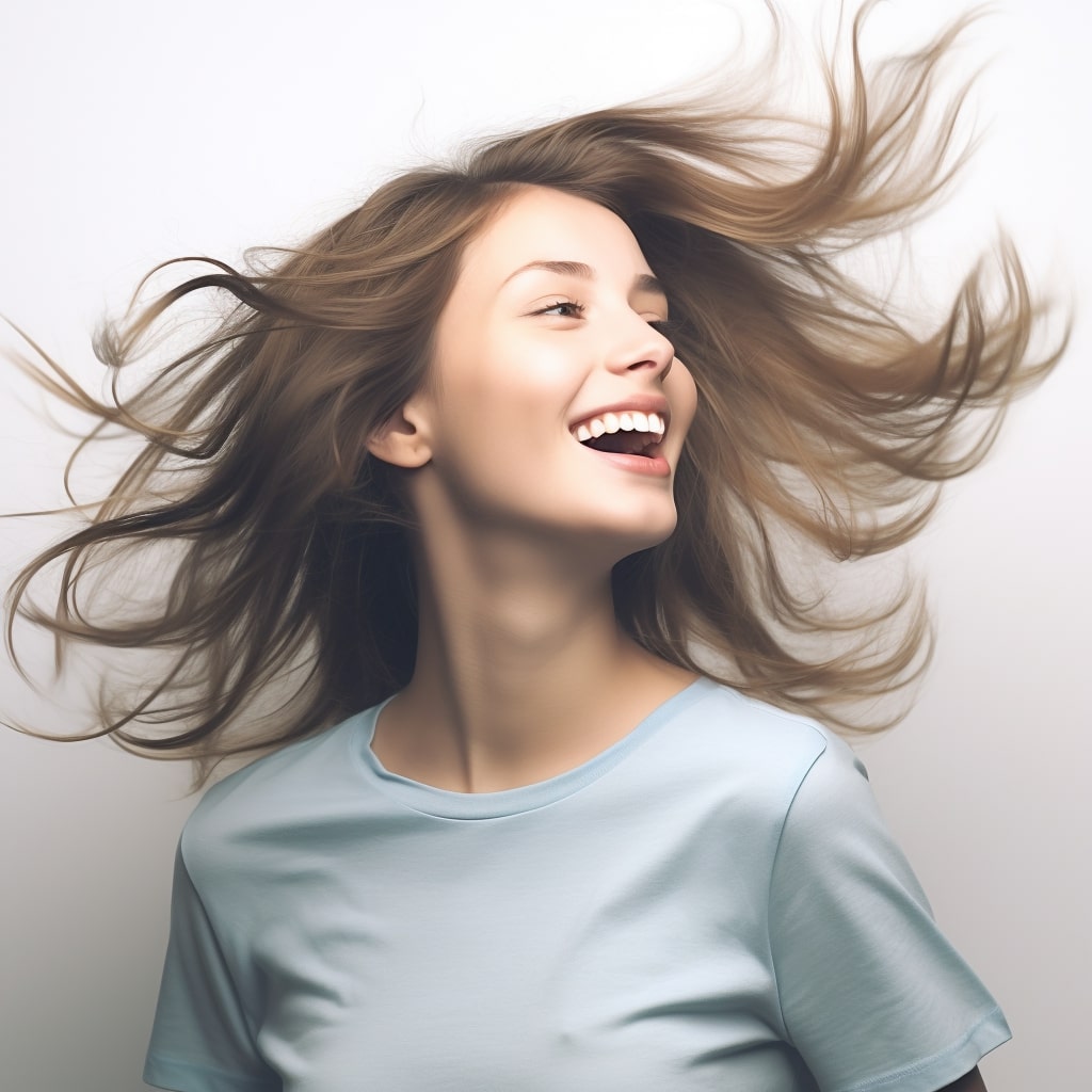 a young woman energetically shaking her hair