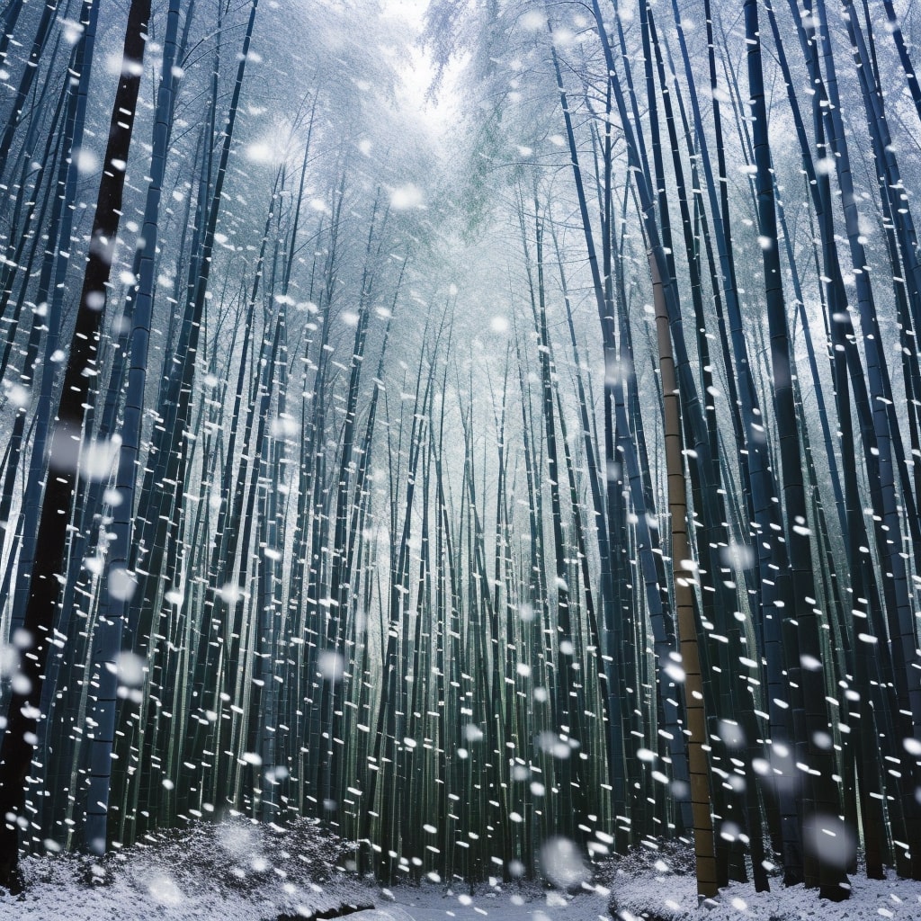 snowing in bamboo forest