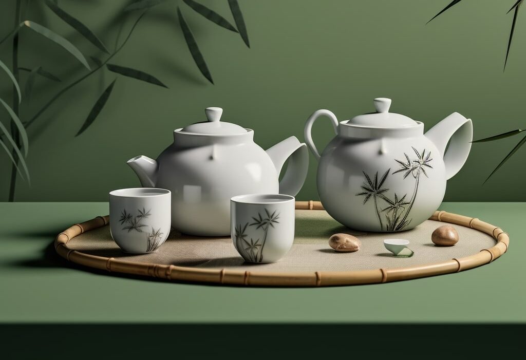 tea set with bamboo plant
