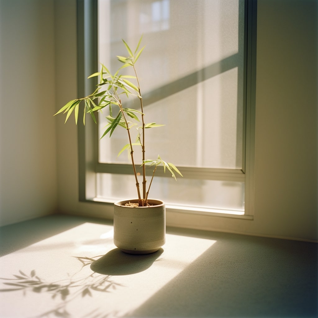 small bamboo in pot in sunny window