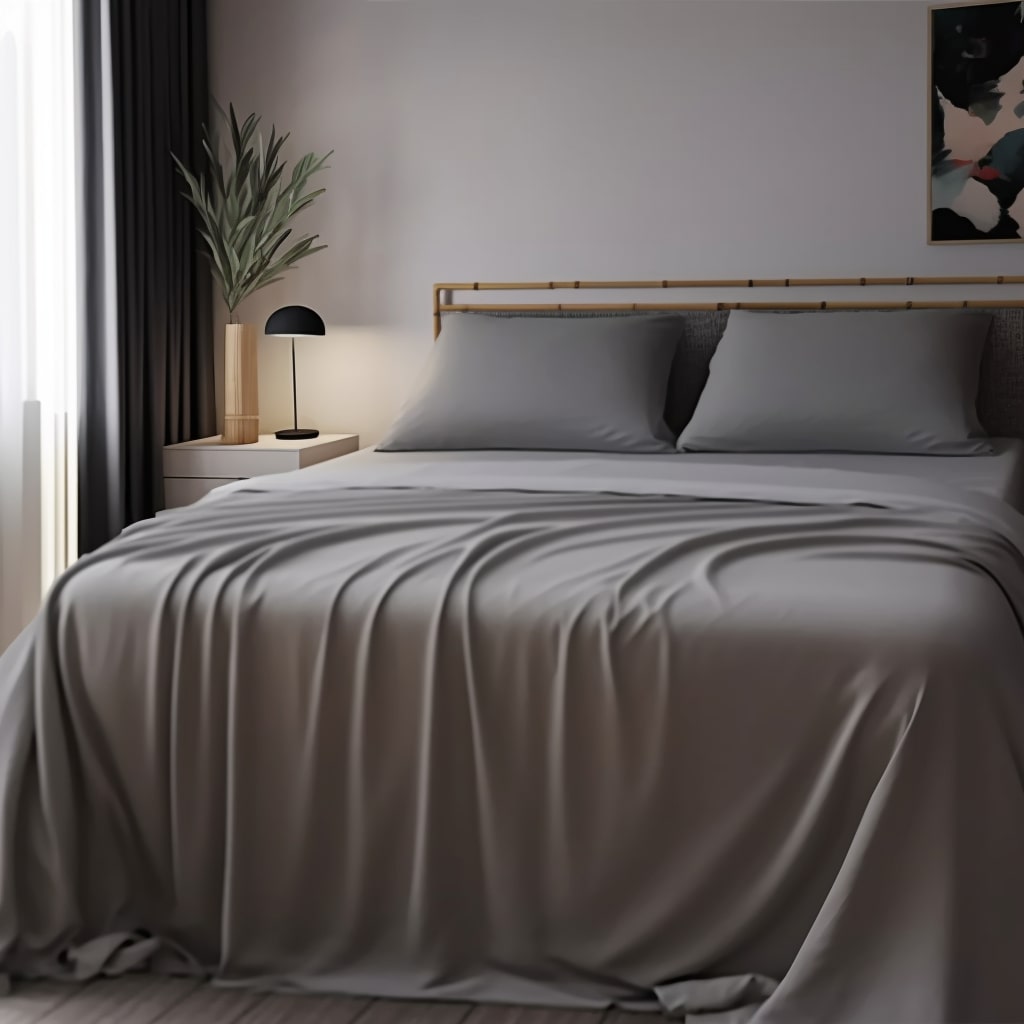 beed fitted with luxurious grey bamboo sheets