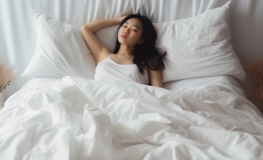 asian woman sleeping in luxurious bed, white sheets