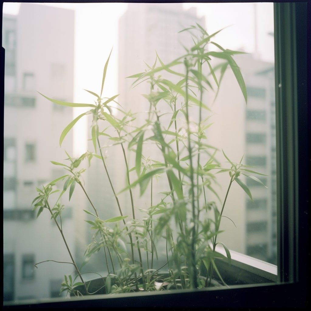 Bamboo growing on balcony with urban background