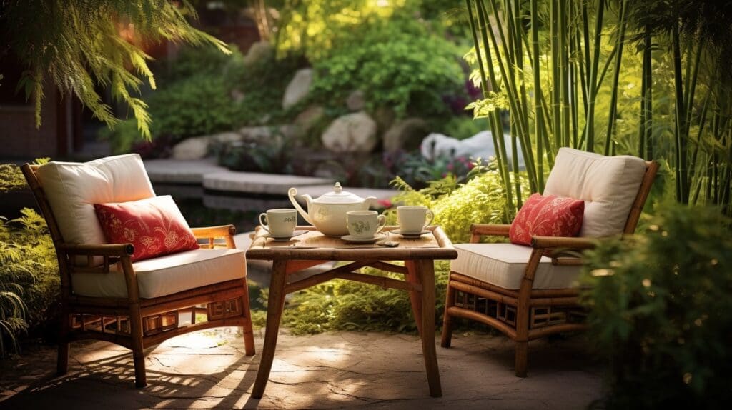 garden seating shaded by bamboo