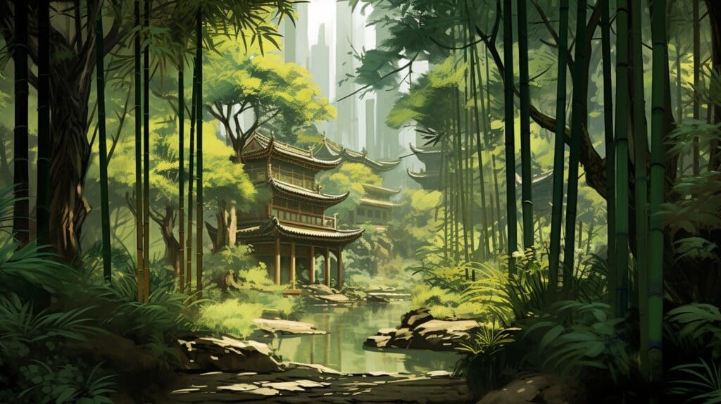 chinese temple in bamboo forest