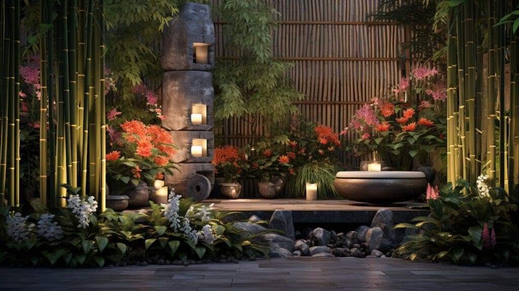 night time courtyard garden setting, bamboo mixed with other plants