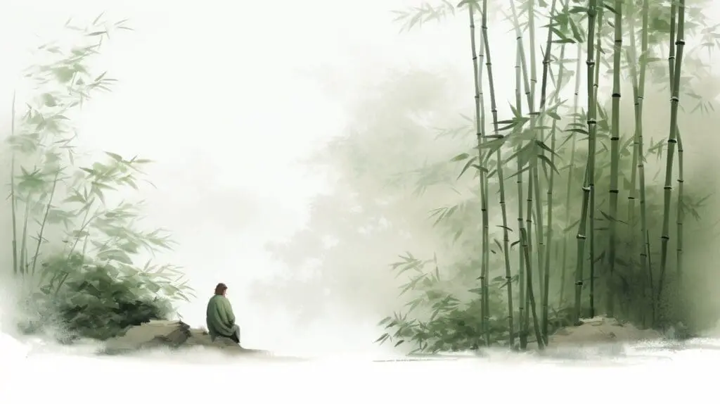 painting of Chinese scholar contemplating symbolism of bamboo plant 