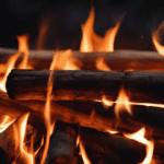 An image showcasing a crackling fire with bamboo logs ablaze